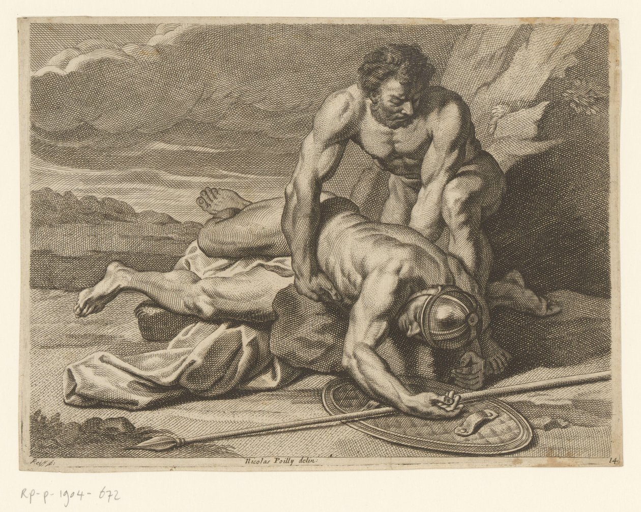 Een man neemt het lijk van een Romeins speerdrager in de armen door Johann Conrad Reiff