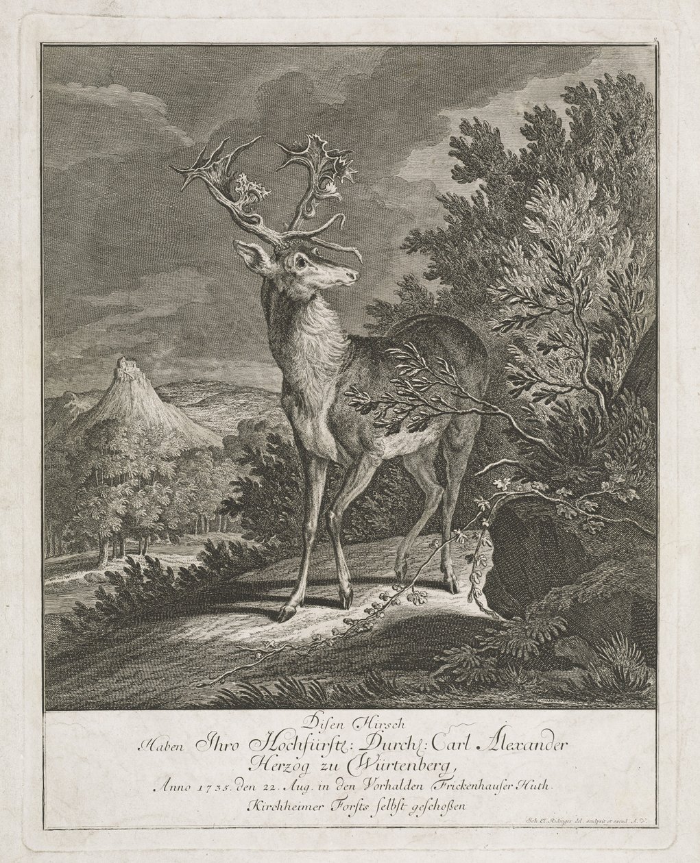 Een Prachtige Hert in een Landschap door Johann Elias Ridinger