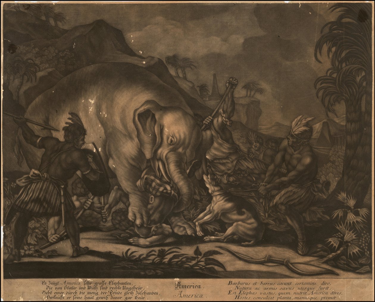 Ca. 1770 allegorische mezzotint van Amerika door Johann Elias Ridinger