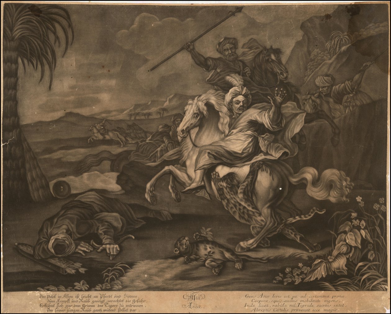 Ca. 1770 allegorische mezzotint van Azië door Johann Elias Ridinger