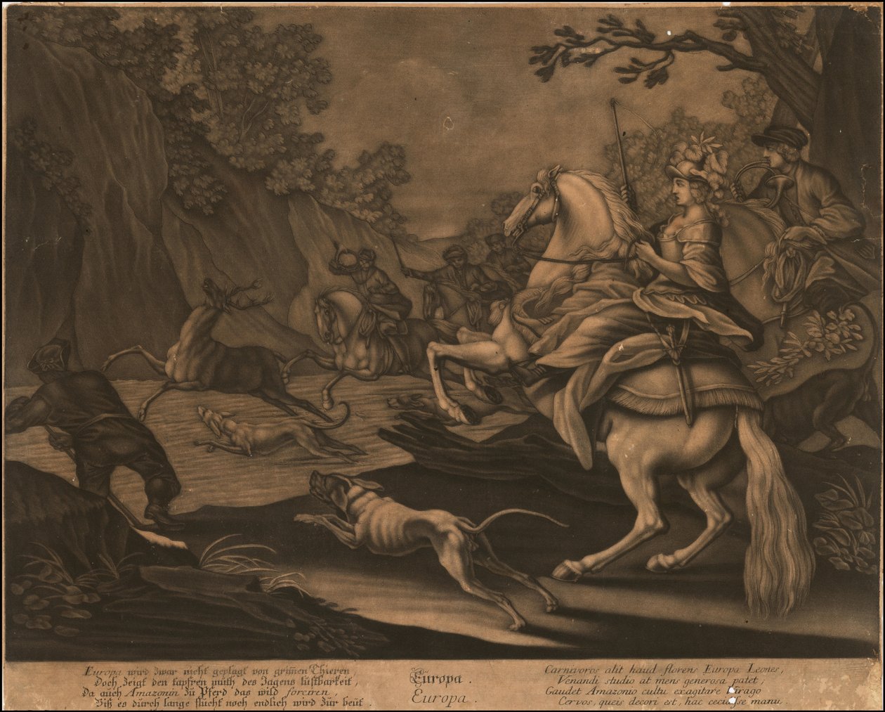 Ca. 1770 allegorische mezzotint van Europa door Johann Elias Ridinger