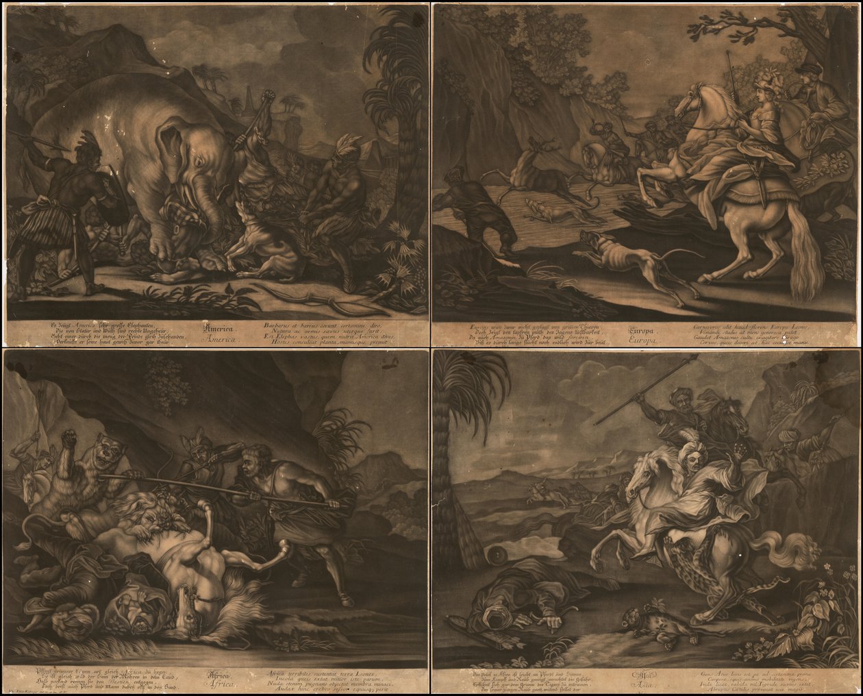 Ca. 1770 allegorische mezzotints van Afrika, Azië, Amerika en Europa op één pagina door Johann Elias Ridinger