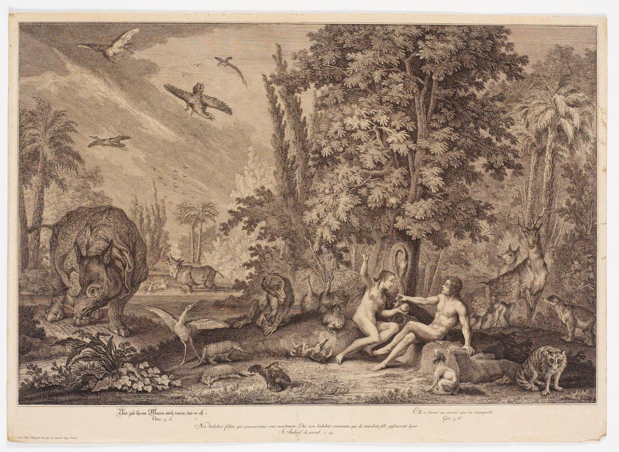 Eva geeft de appel aan Adam door Johann Elias Ridinger