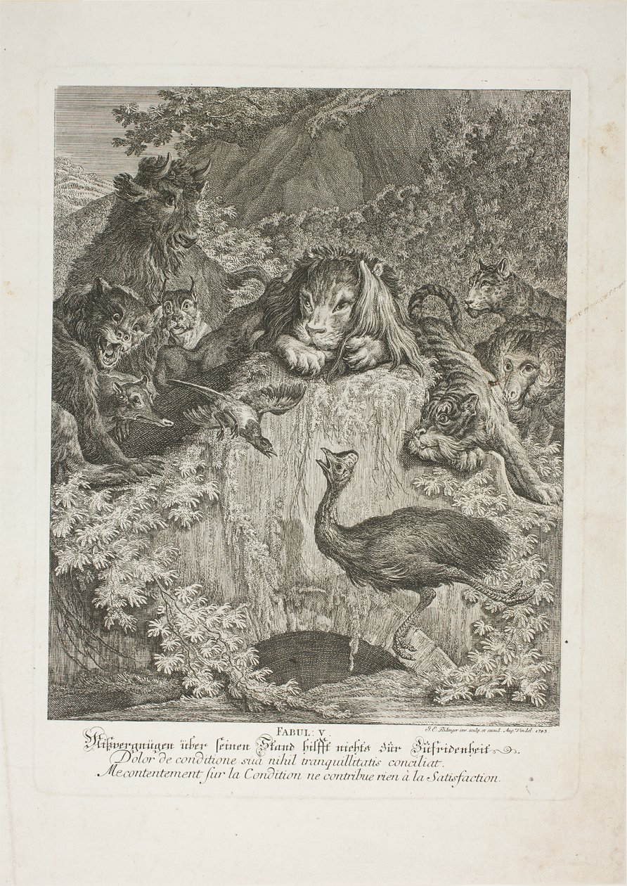 Fabel V, plaat vijf uit Lehrreiche Fabeln aus dem Reiche der Theire door Johann Elias Ridinger