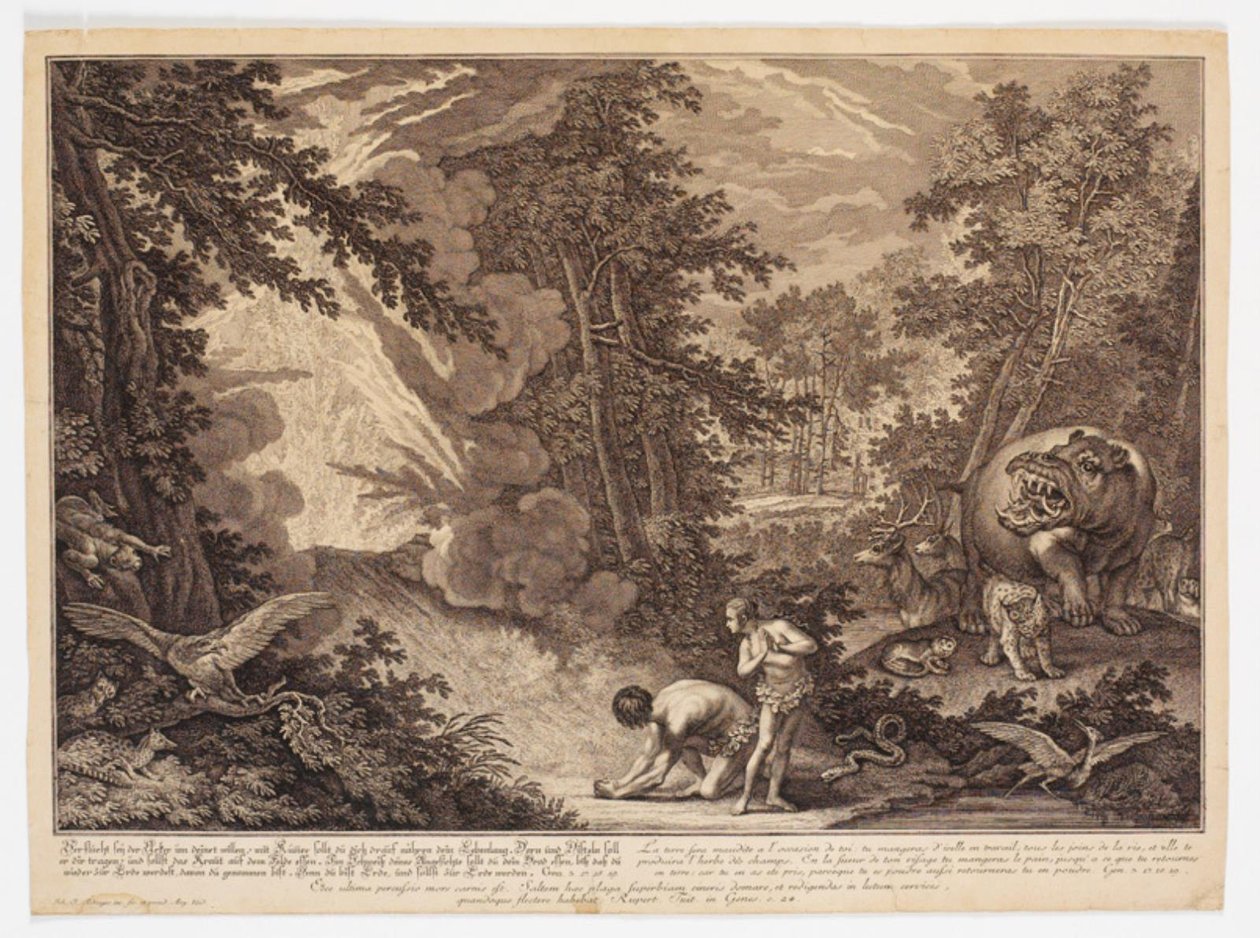 God ontdekt dat Adam en Eva van de boom hebben gegeten door Johann Elias Ridinger