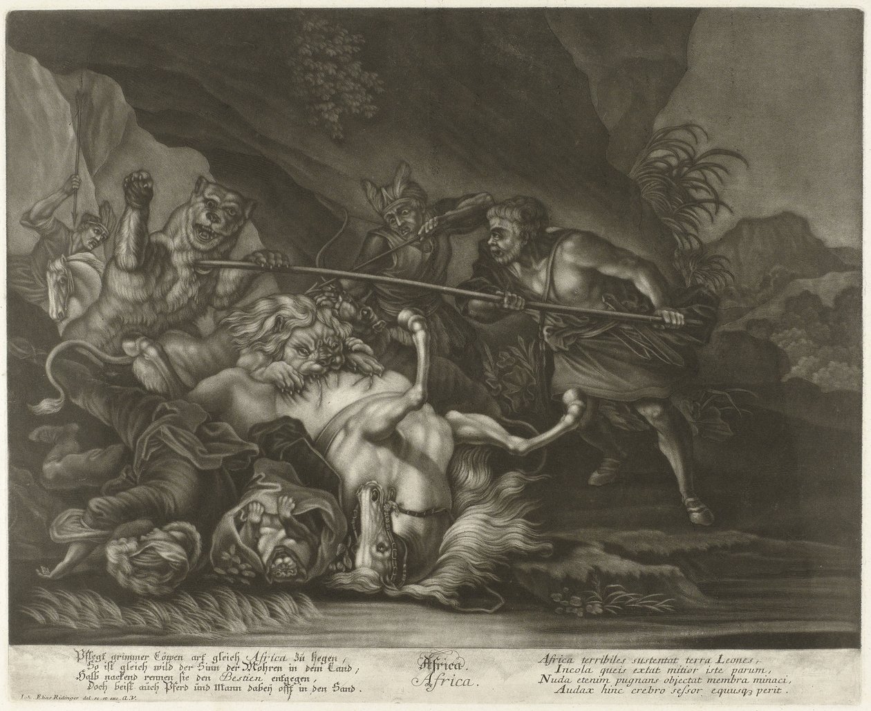 Jacht op leeuwen en beren door Johann Elias Ridinger