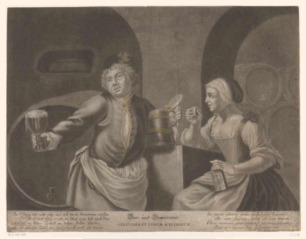Man en vrouw drinken bier en brandewijn door Johann Elias Ridinger
