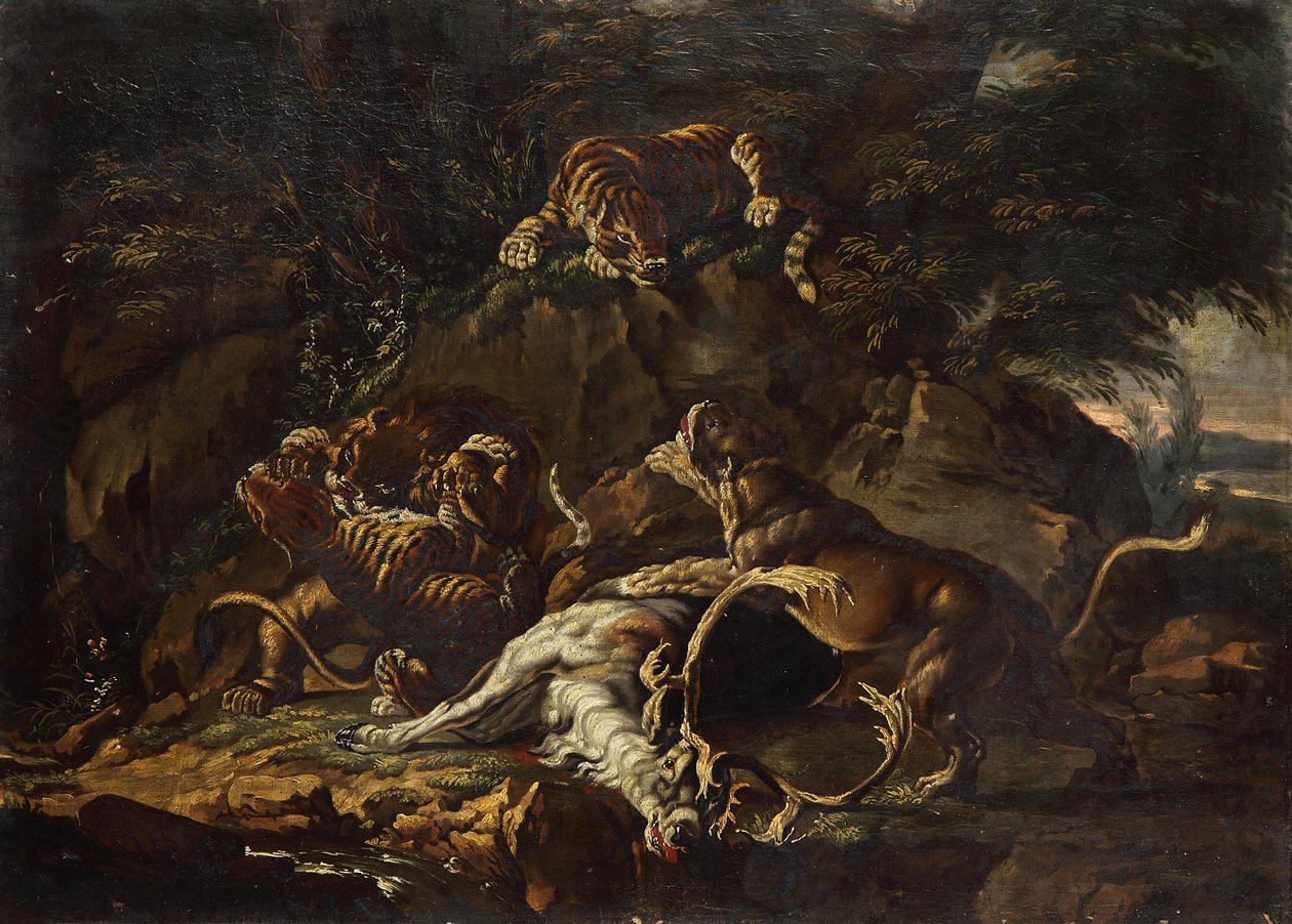 Roofdieren en een verscheurd hert door Johann Elias Ridinger