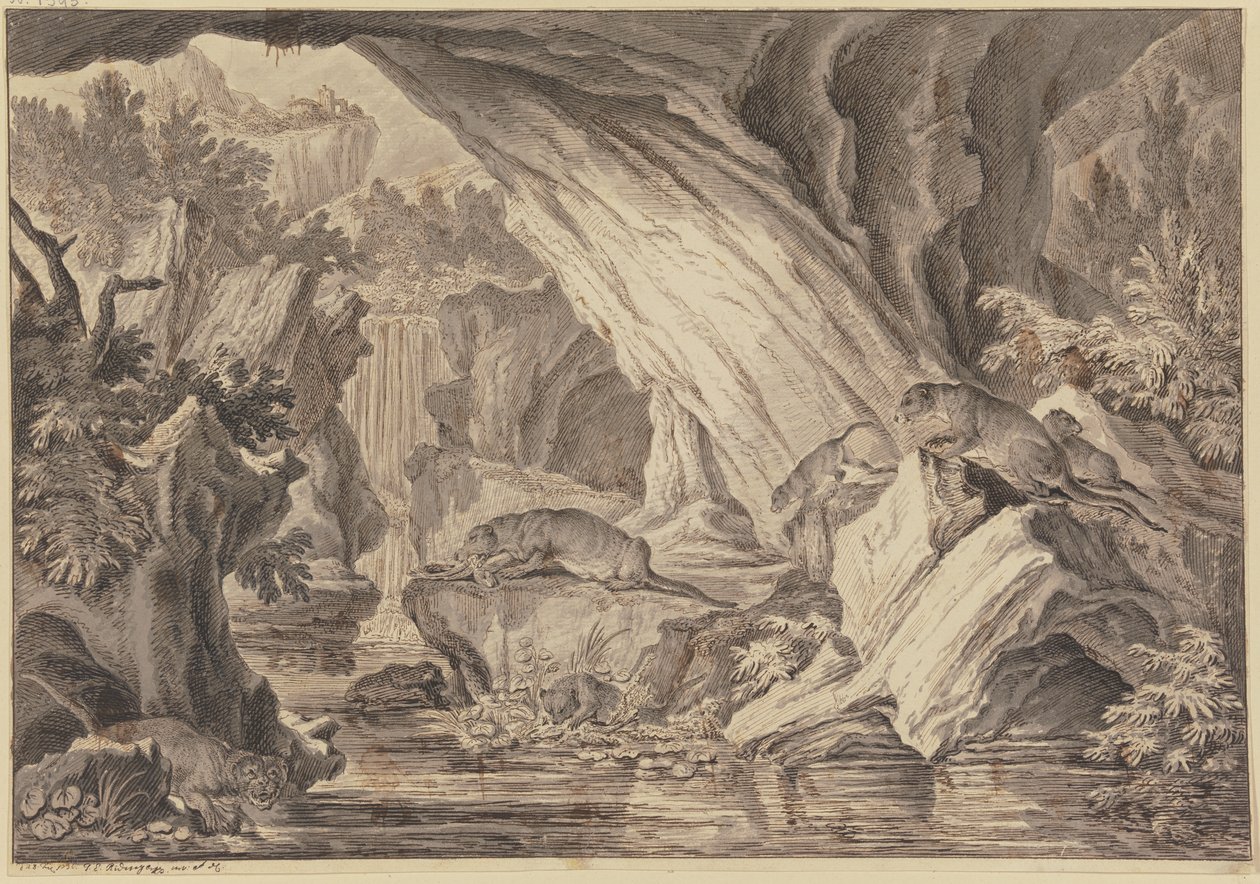 Zes otters in een rotshol bij het water door Johann Elias Ridinger