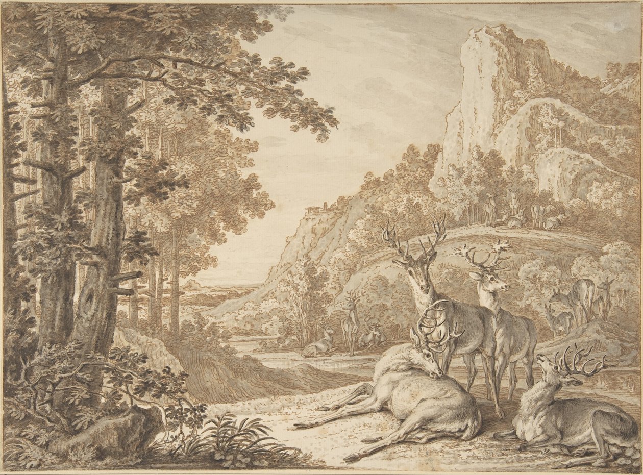 Herten in een landschap door Johann Elias Ridinger