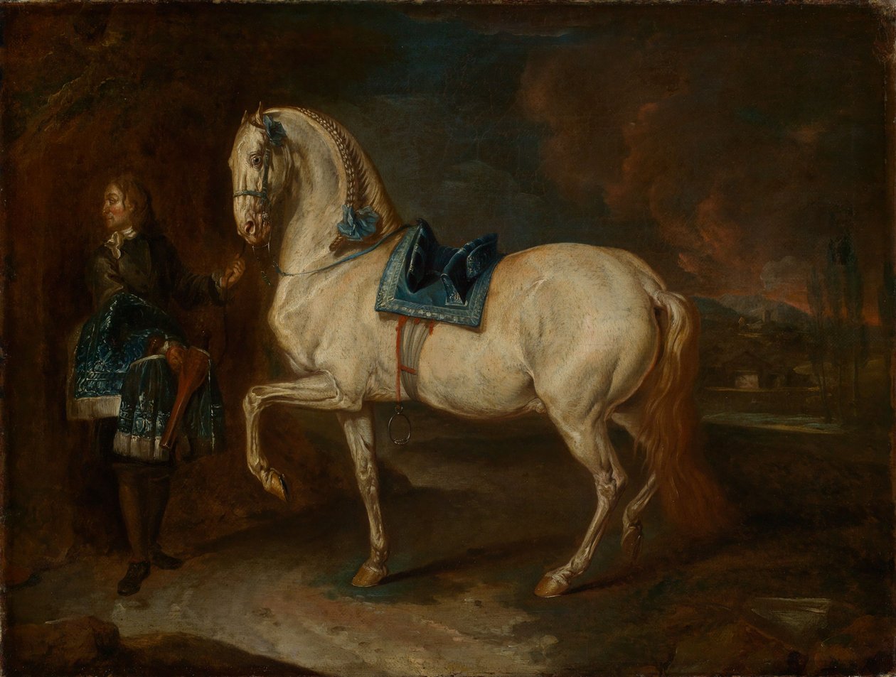 Stalmeester met wit paard door Johann Elias Ridinger