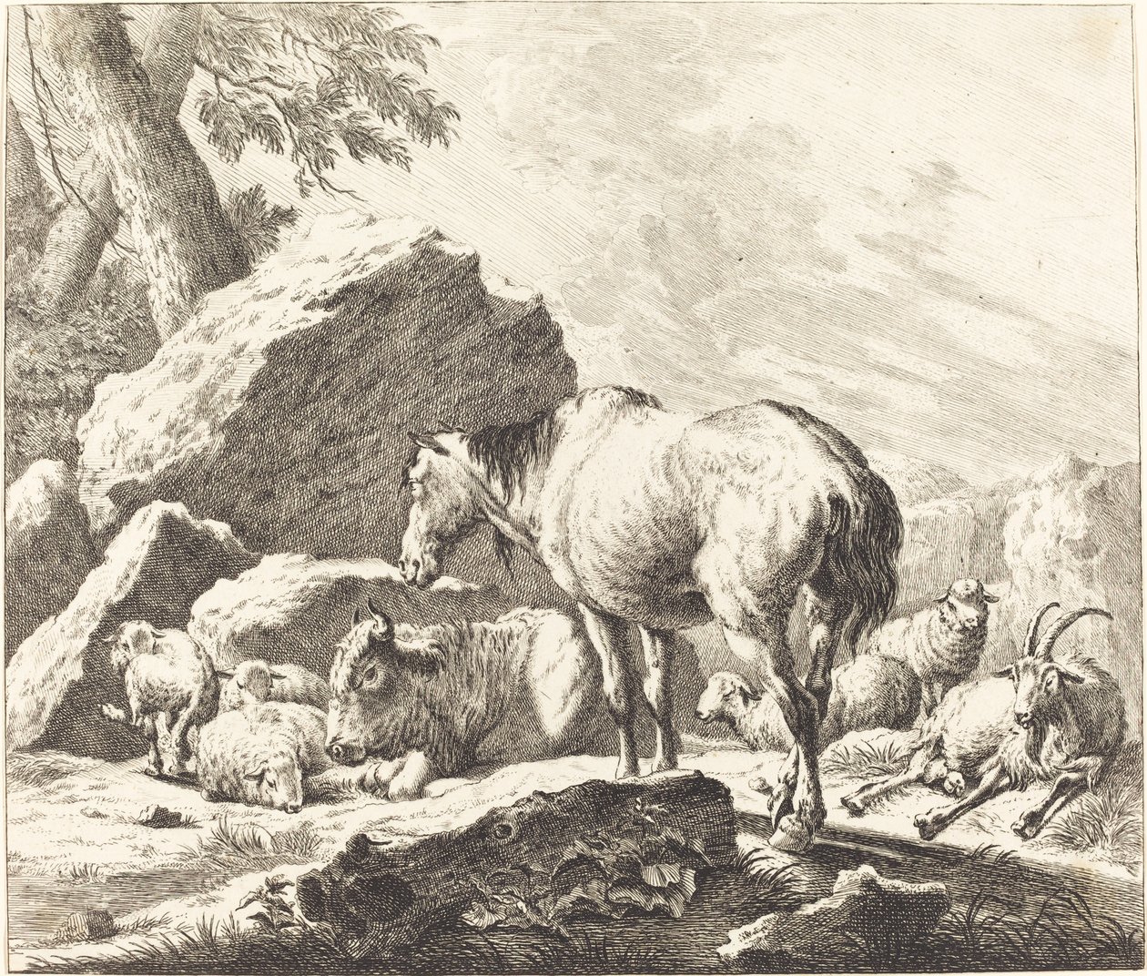 Een Paard, Buffel, Schaap en Geit in een Italiaans Landschap door Johann Elias Ridinger after Johann Heinrich Roos