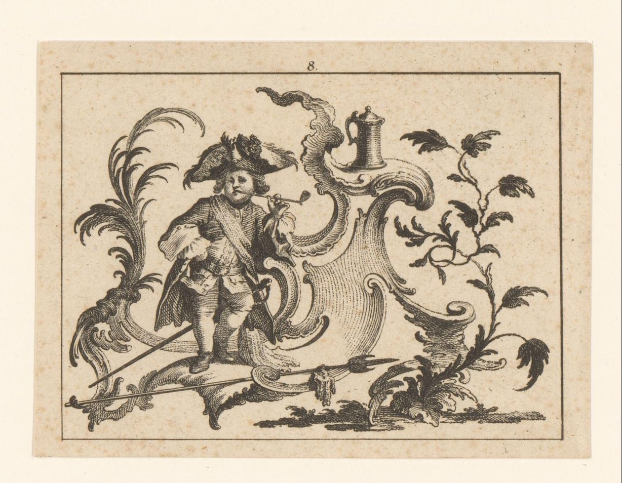 Pijprokende man leunt tegen een rococo-ornament door Johann Esaias Nilson