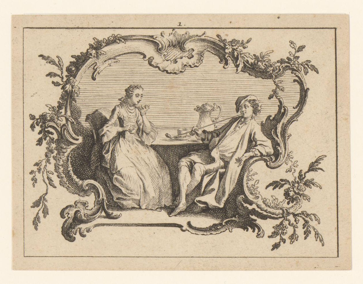 Vrouw en pijprokende man aan tafel in een cartouche door Johann Esaias Nilson
