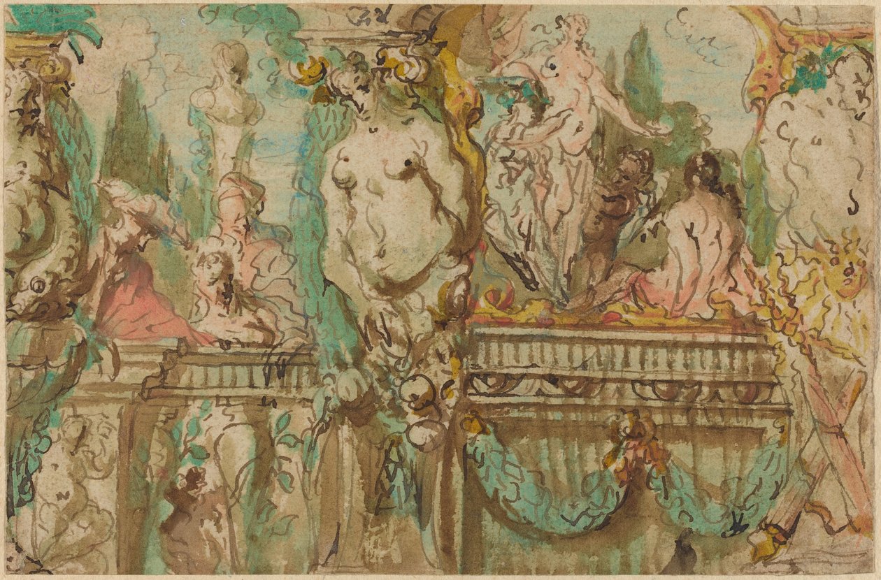 Een Plafondontwerp met Allegorische Figuren door Johann Evangelist Holzer