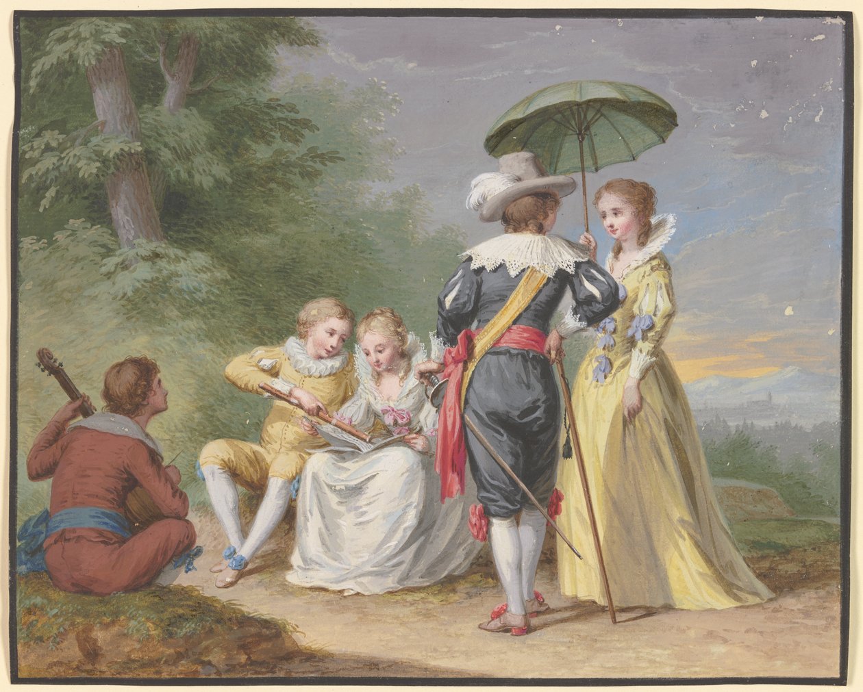 Muzikaal gezelschap aan de rand van het bos door Johann Friedrich August Tischbein
