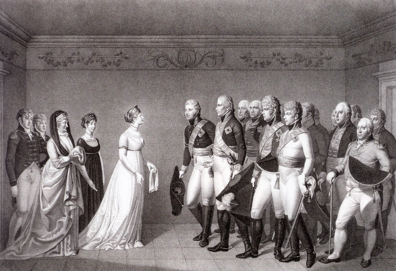 De ontmoeting tussen Luise van Pruisen en kroonprins Alexander van Rusland in Memel, 1805 door Johann Friedrich Bolt