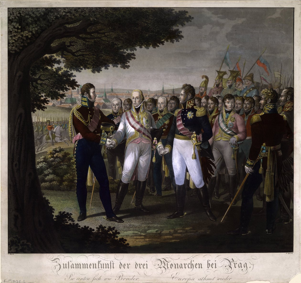 De ontmoeting tussen keizers Frans I van Oostenrijk, Alexander I van Rusland en Frederik Willem III van Pruisen door Johann Friedrich Jügel