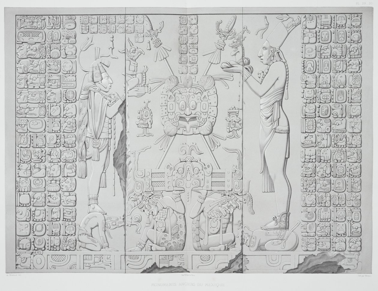 Reliëf dat een priester met offers toont uit het Heiligdom van de Tempel van de Zon, Palenque, platen 29 en 30 uit Oude Monumenten van Mexico, gegraveerd door Werner, 1866 door Johann Friedrich Maximilian von Waldeck