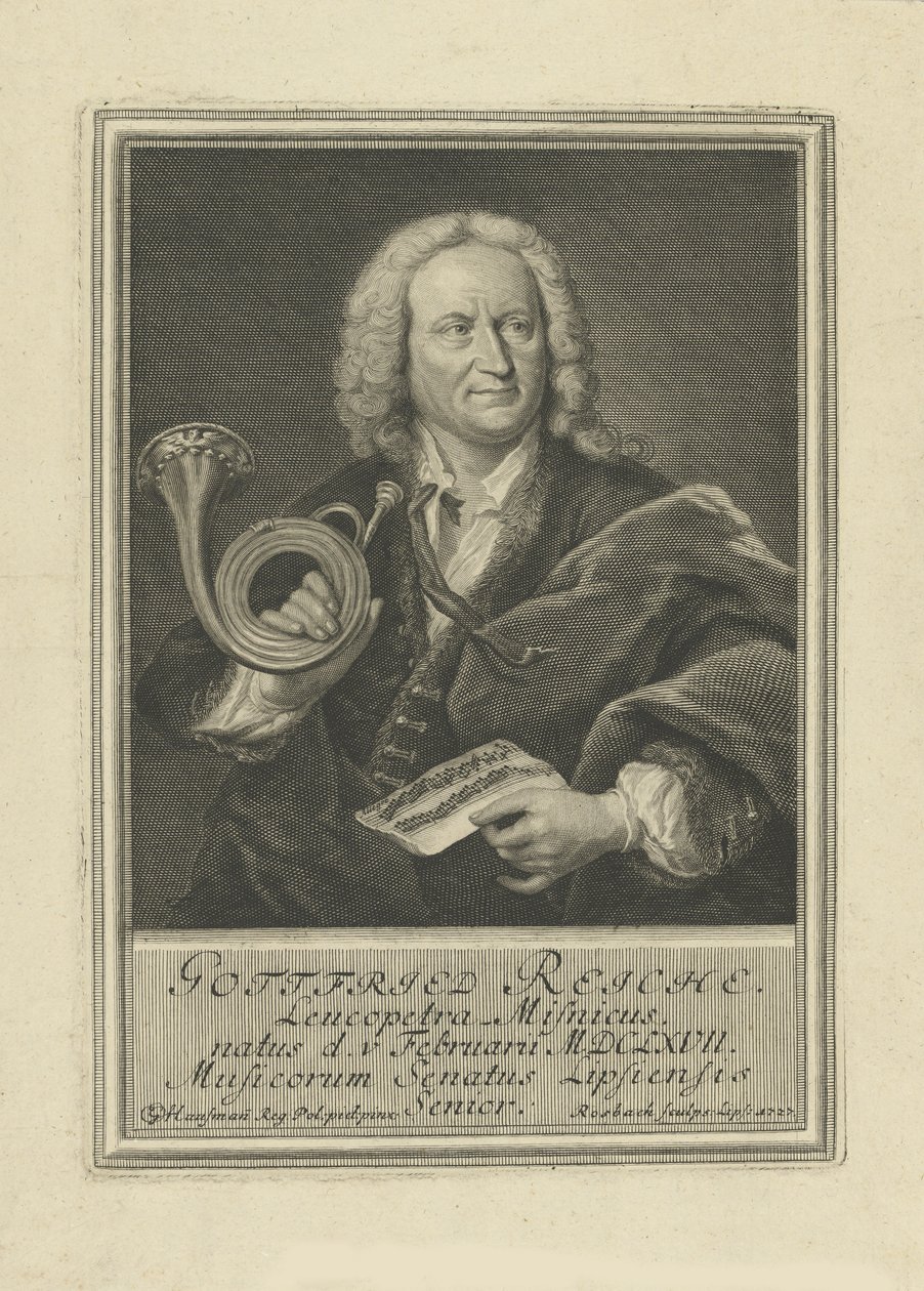 Portret van de trompettist en componist Gottfried Reiche 1667-1734, 1727 door Johann Friedrich Rosbach