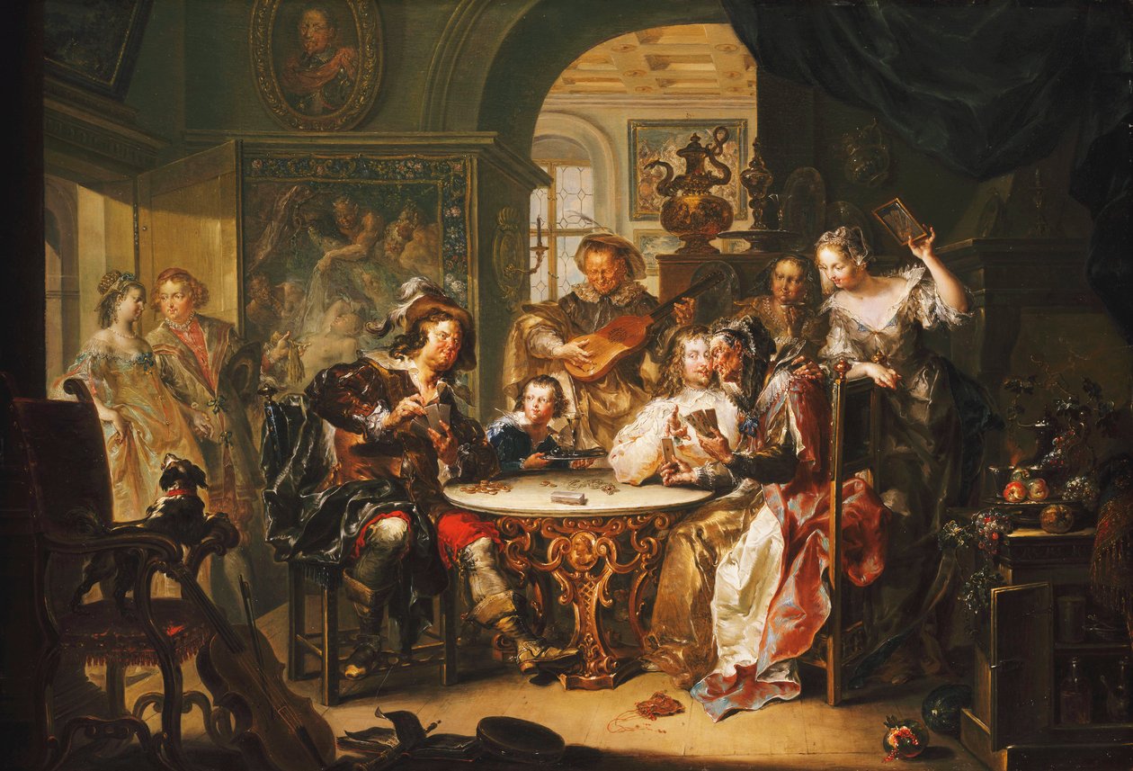 Een heer die vals speelt bij kaarten met een oudere dame in een weelderig interieur door Johann Georg Platzer