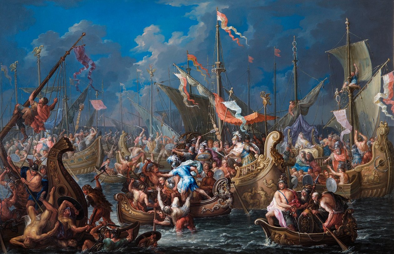 Antonius en Cleopatra bij de Slag bij Actium door Johann Georg Platzer