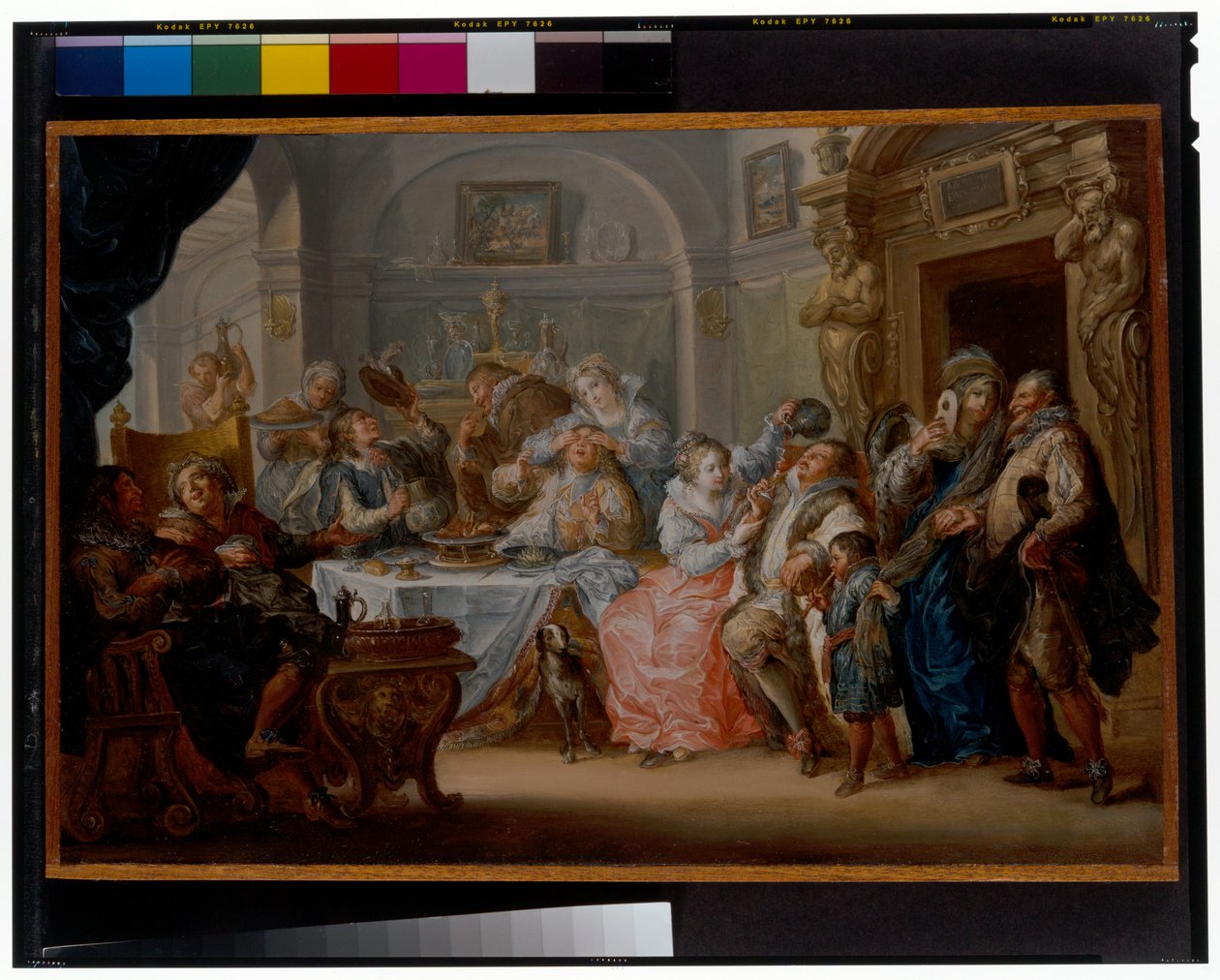 Interieur met elegante figuren in gemaskerde kostuums aan het feesten door Johann Georg Platzer
