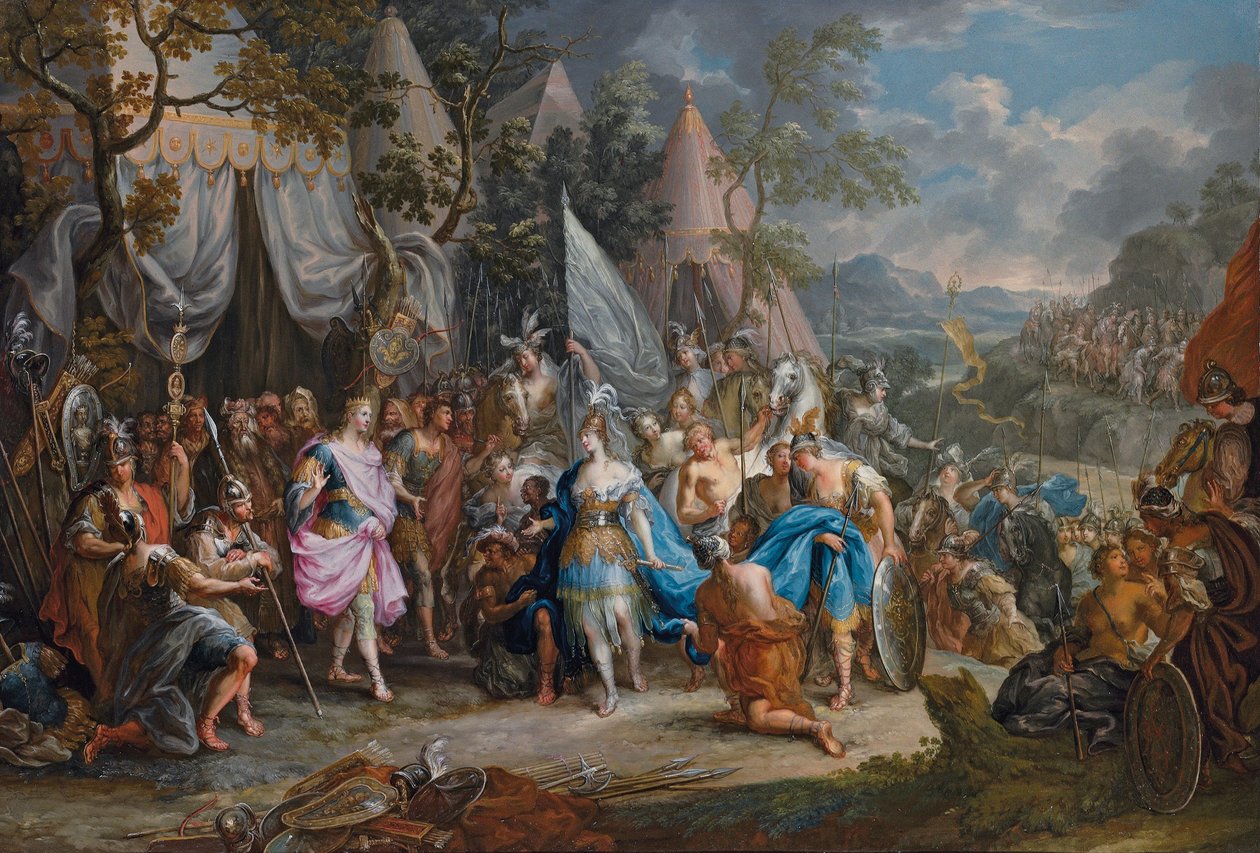 De Amazonenkoningin Thalestris in het kamp van Alexander de Grote door Johann Georg Platzer