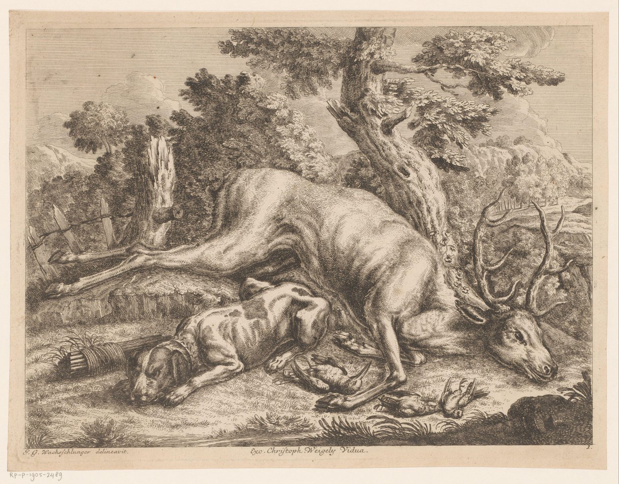 Jachthond en jachtbuit met hert en vogels door Johann Georg Wachsschlunger