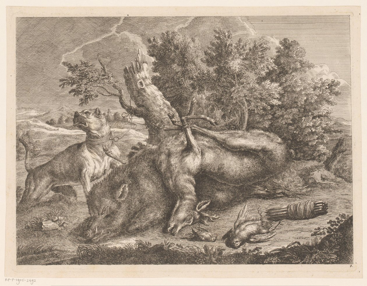 Jachthond en jachtbuit met zwijn, hert en vogels door Johann Georg Wachsschlunger