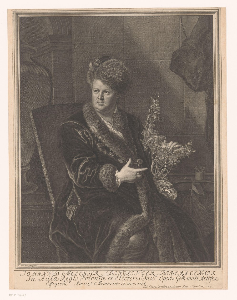 Portret van goudsmid Johann Melchior Dinglinger door Johann Georg Wolffgang