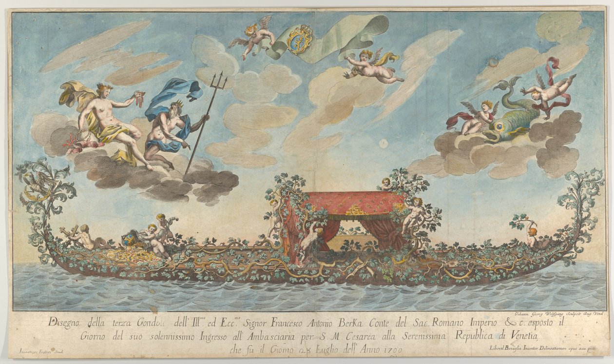 De rijkelijk versierde derde gondel van Francesco Antonio Berka die Venetië binnenkomt, goden op cl... door Johann Georg Wolfgang