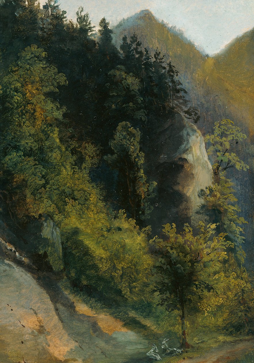 Beboste rotsvallei met geiten door Johann Georg von Dillis