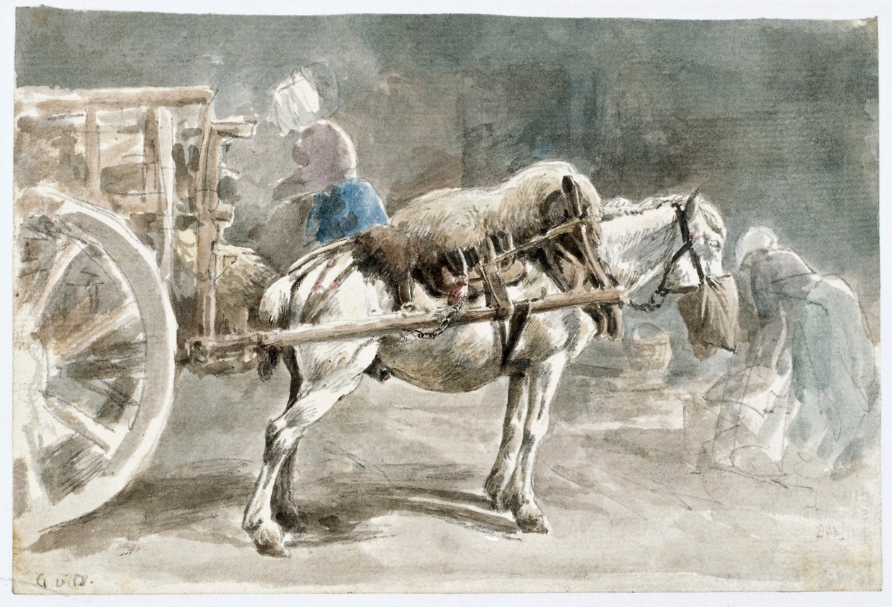 Een trekpaard dat haver eet door Johann Georg von Dillis