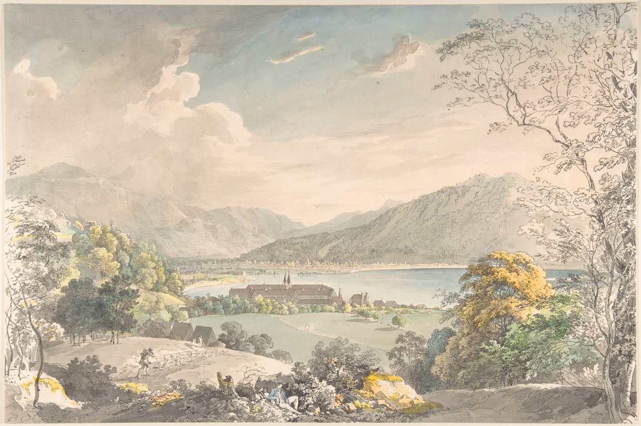 Uitzicht op het klooster in Tegernsee, gezien vanuit het noordoosten door Johann Georg von Dillis