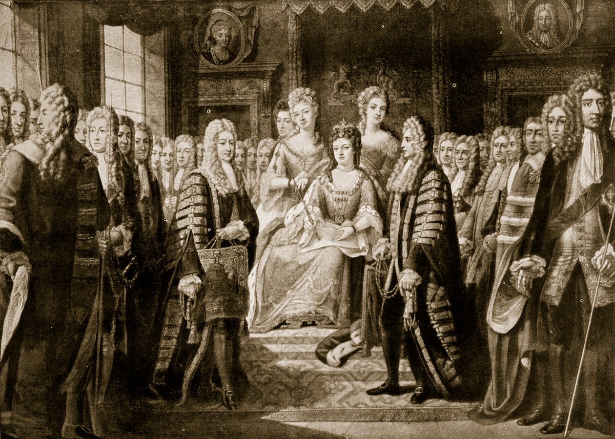 Artikelen van Unie gepresenteerd aan koningin Anne, 1706, illustratie uit 