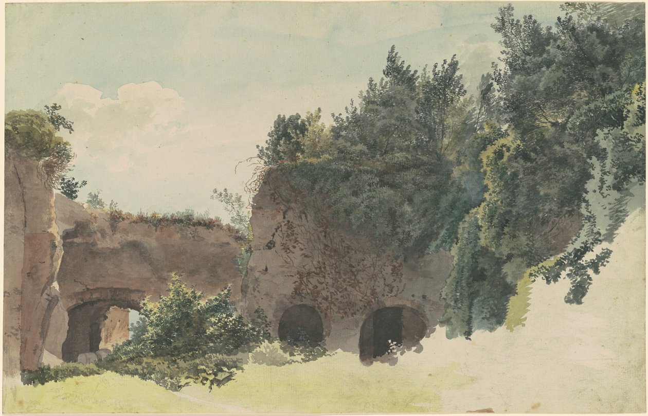 Oude Romeinse ruïnes overwoekerd met bomen en struiken door Johann Gottfried Klinsky