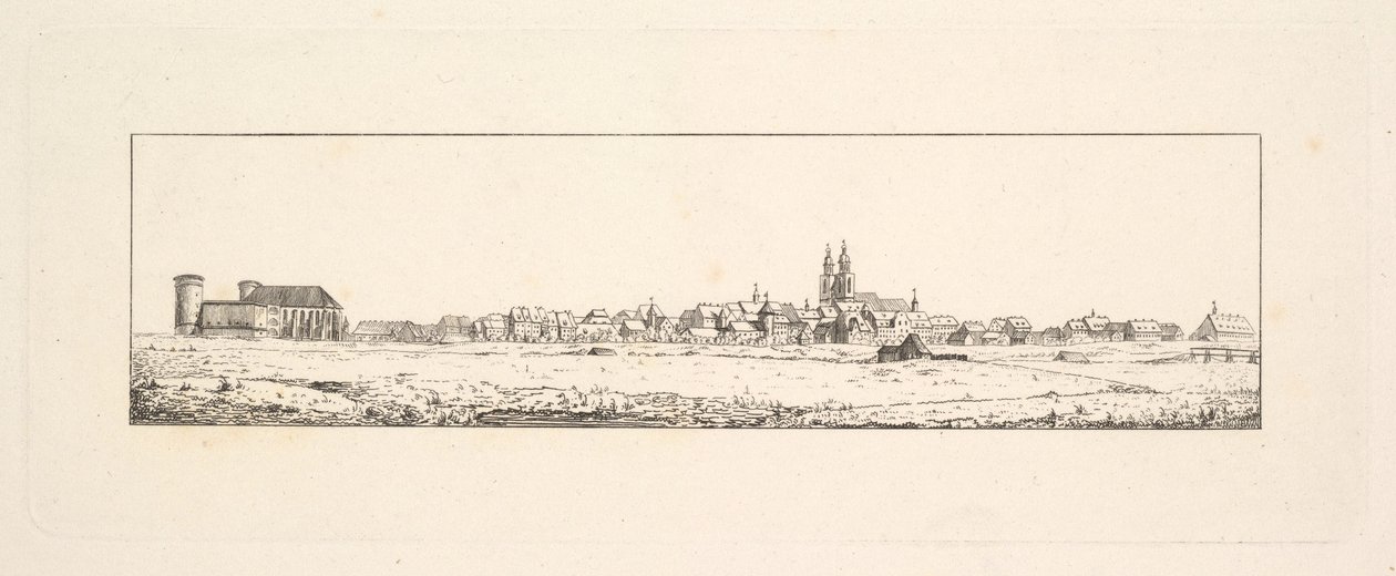 Zicht op een Oude Stad met een Kerk en Hoge Gevelhuizen door Johann Gottfried Schadow