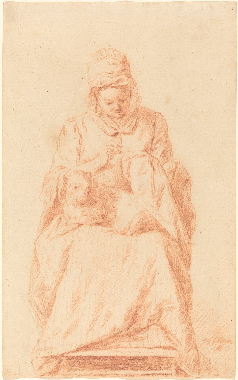 Jonge Vrouw die Naait met een Hond op Haar Schoot door Johann Gottlieb Glume