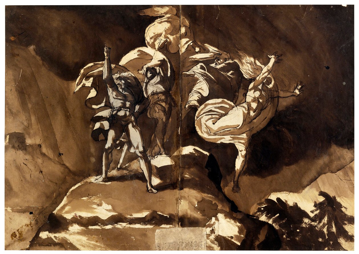 De heksen zweven boven Macbeth en Banquo door Johann Heinrich Füssli