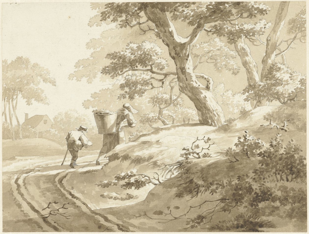 Landschap met vrouw en jongetje op een landweg door Johann Heinrich Keller (II) (possibly)