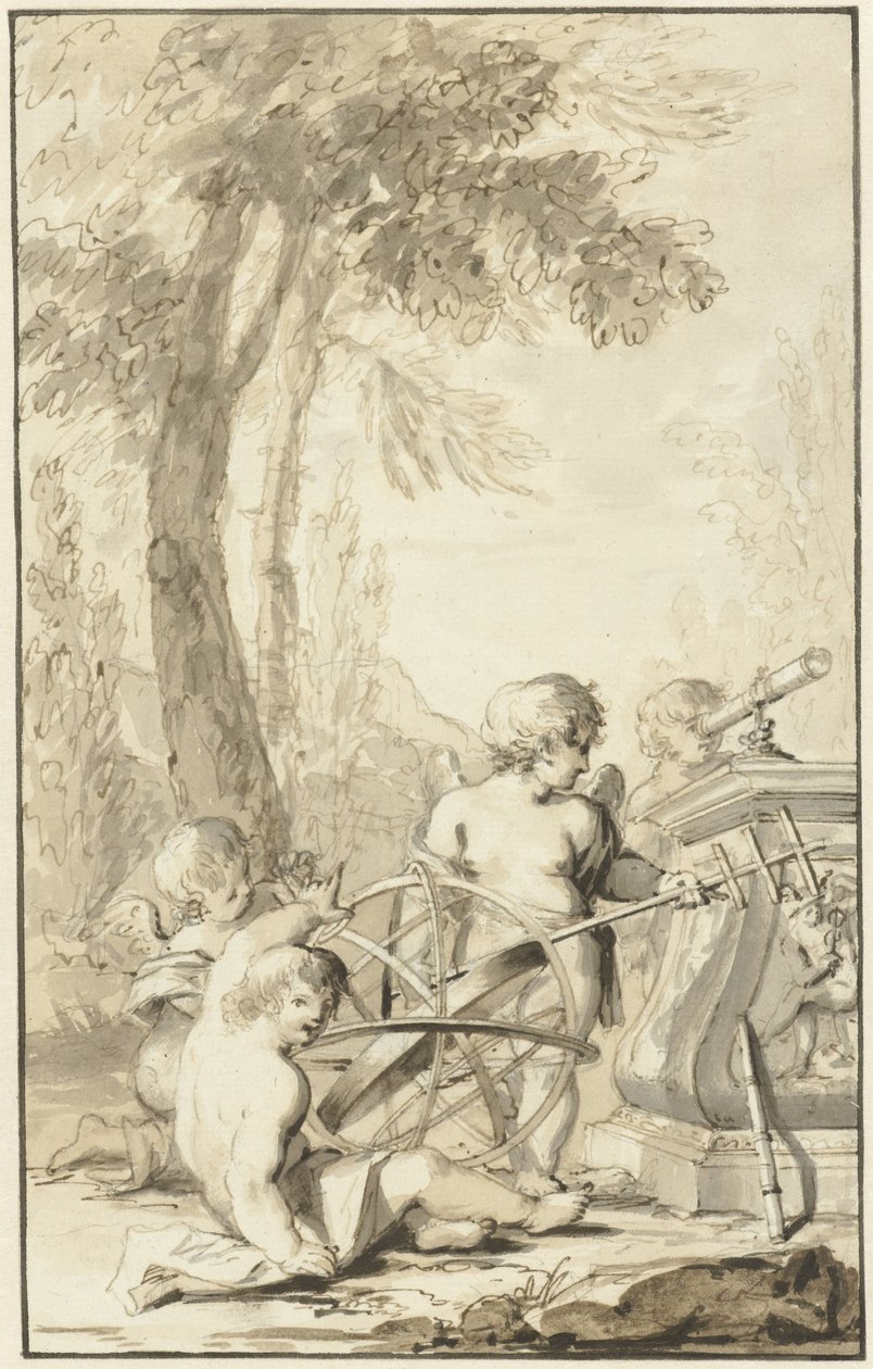 Allegorische voorstelling met spelende kinderen met astronomische instrumenten door Johann Heinrich Keller (II)