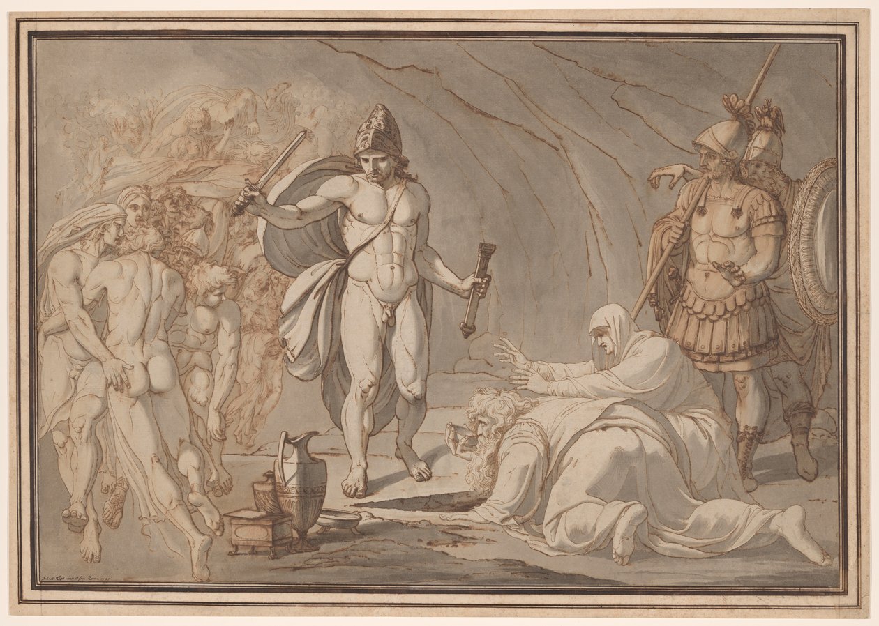 Odysseus ontmoet bij de deuren van Hades de schaduwen van Tiresias en Anticlea door Johann Heinrich Lips