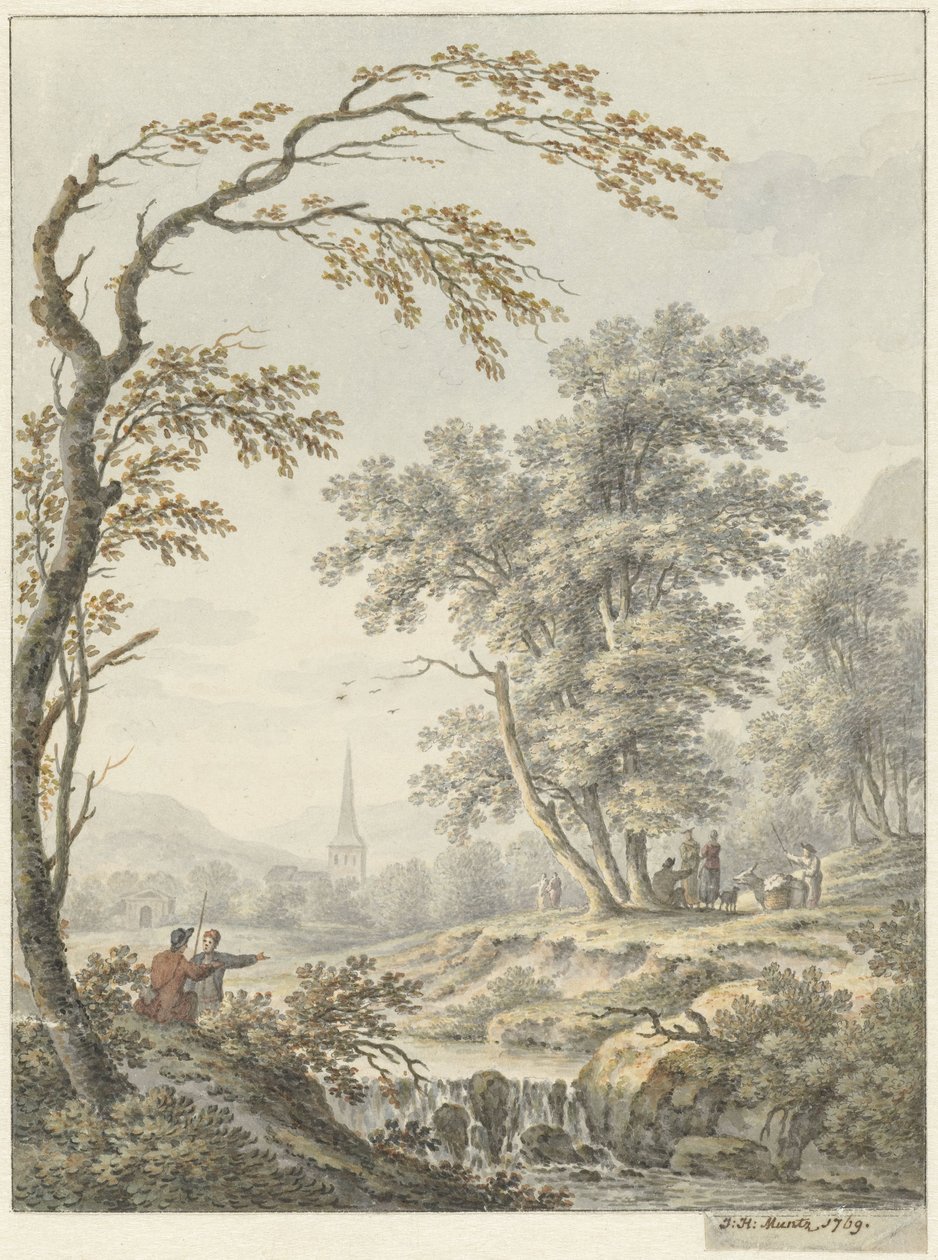 Landschap met waterval en in de verte een kerk door Johann Heinrich Muntz