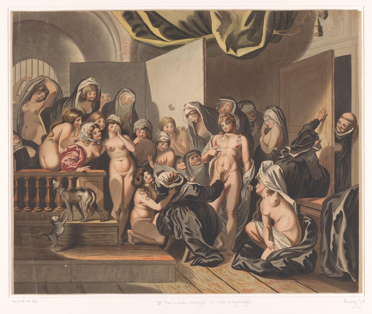 Abdes ontdekt tussen haar ontklede nonnen een jonge man door Johann Heinrich Ramberg