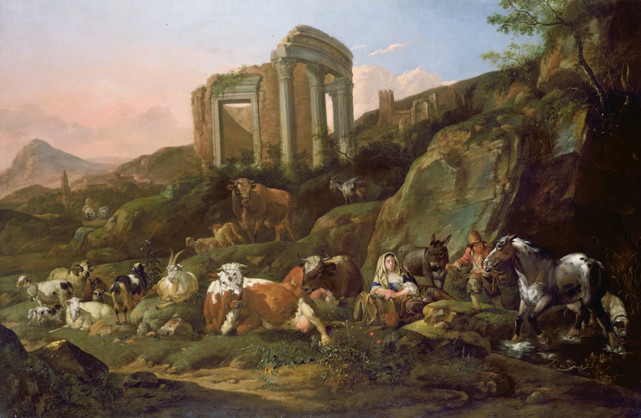Boerderijdieren in een Klassiek landschap, 1684 door Johann Heinrich Roos