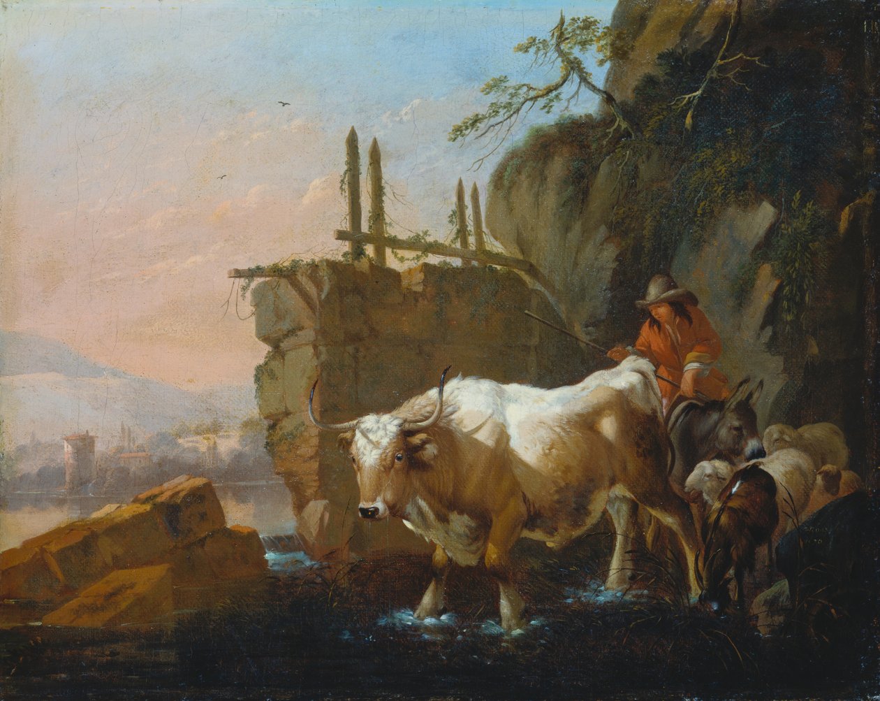 Herders drijven vee door een voorde door Johann Heinrich Roos