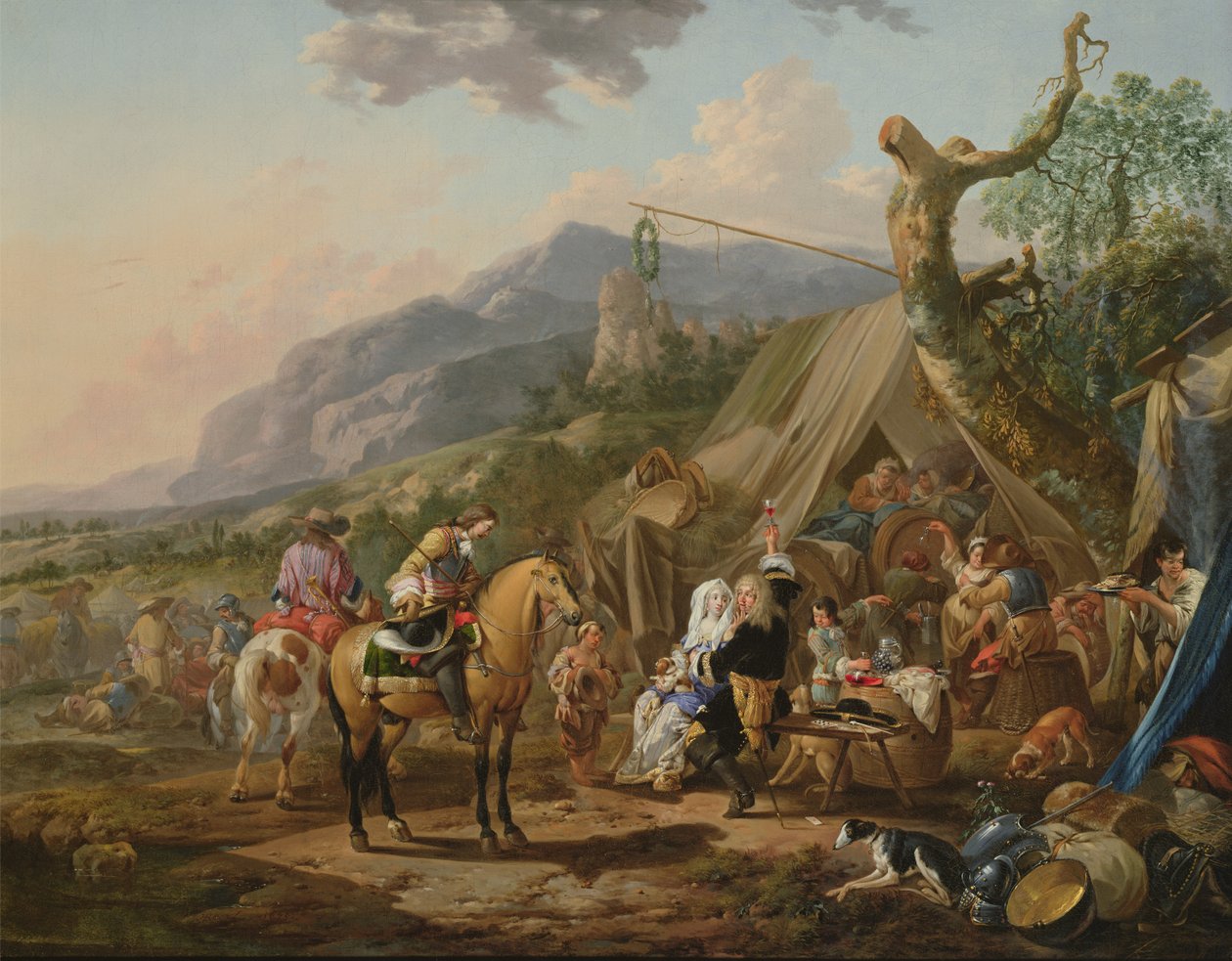 Militaire commandant in een bergkamp met feestvierders door Johann Heinrich Roos