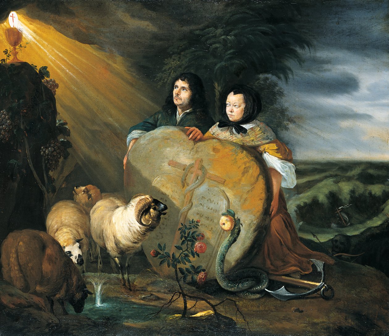 Zelfportret (?) met zijn vrouw en symbolen van het christelijk geloof door Johann Heinrich Roos