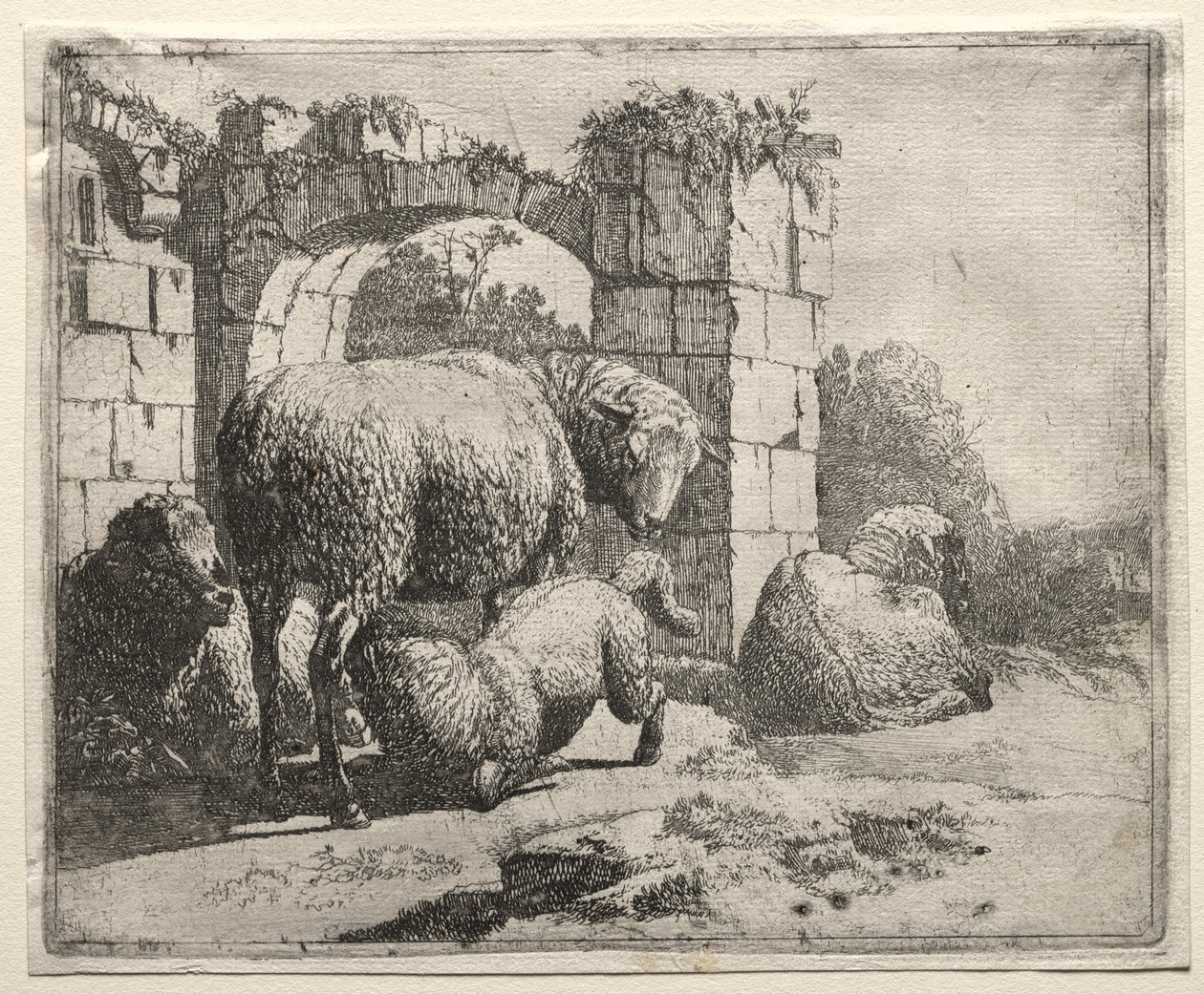 Schapen bij de ruïnes van een boog door Johann Heinrich Roos